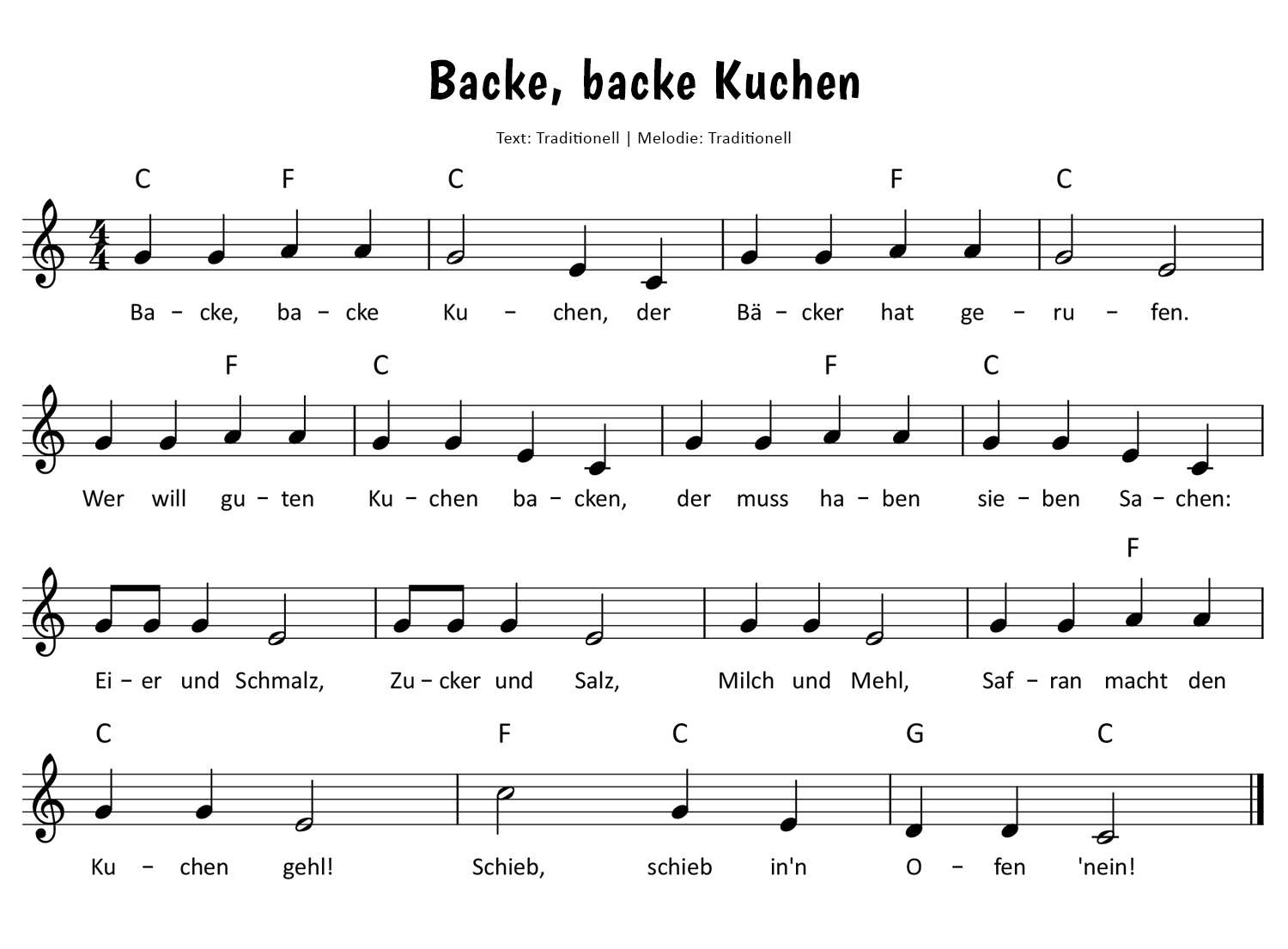 Backe, backe Kuchen Noten