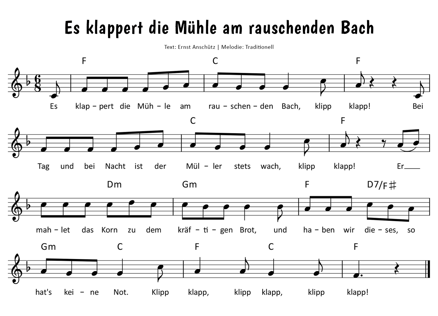 Es klappert die Mühle am rauschenden Bach Noten