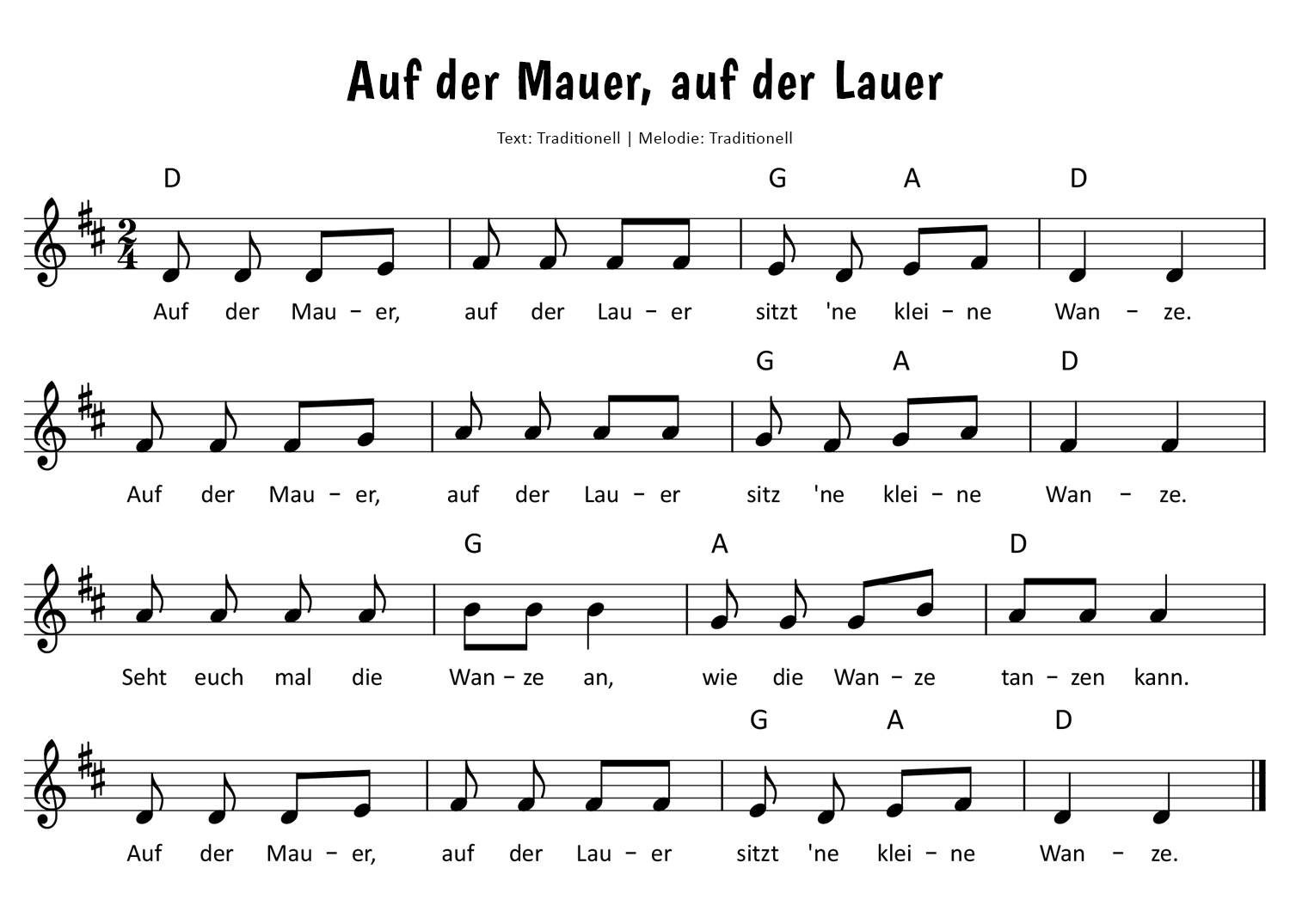 Auf der Mauer, auf der Lauer Noten