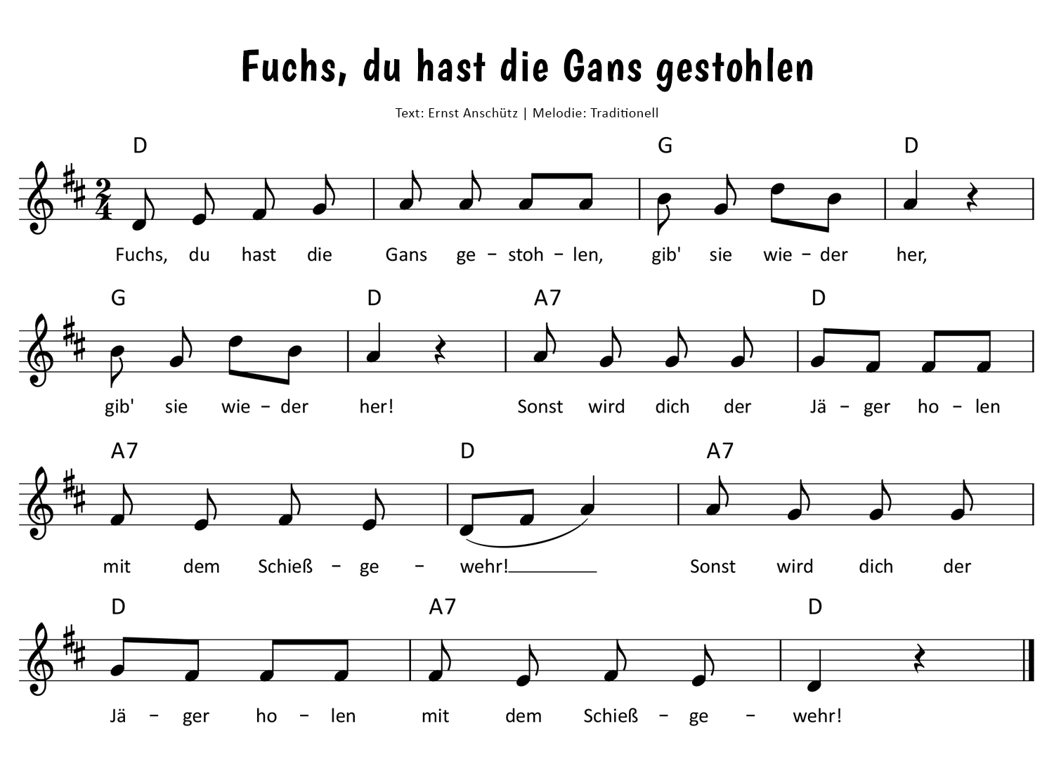 Fuchs, Du hast die Gans gestohlen Noten
