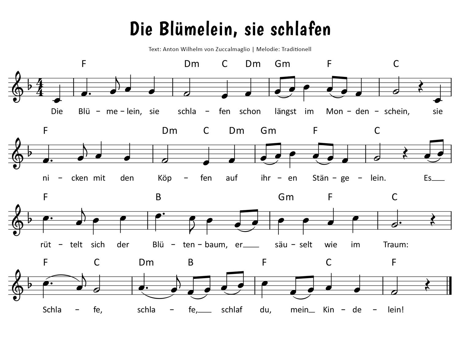 Die Blümelein, sie schlafen Noten