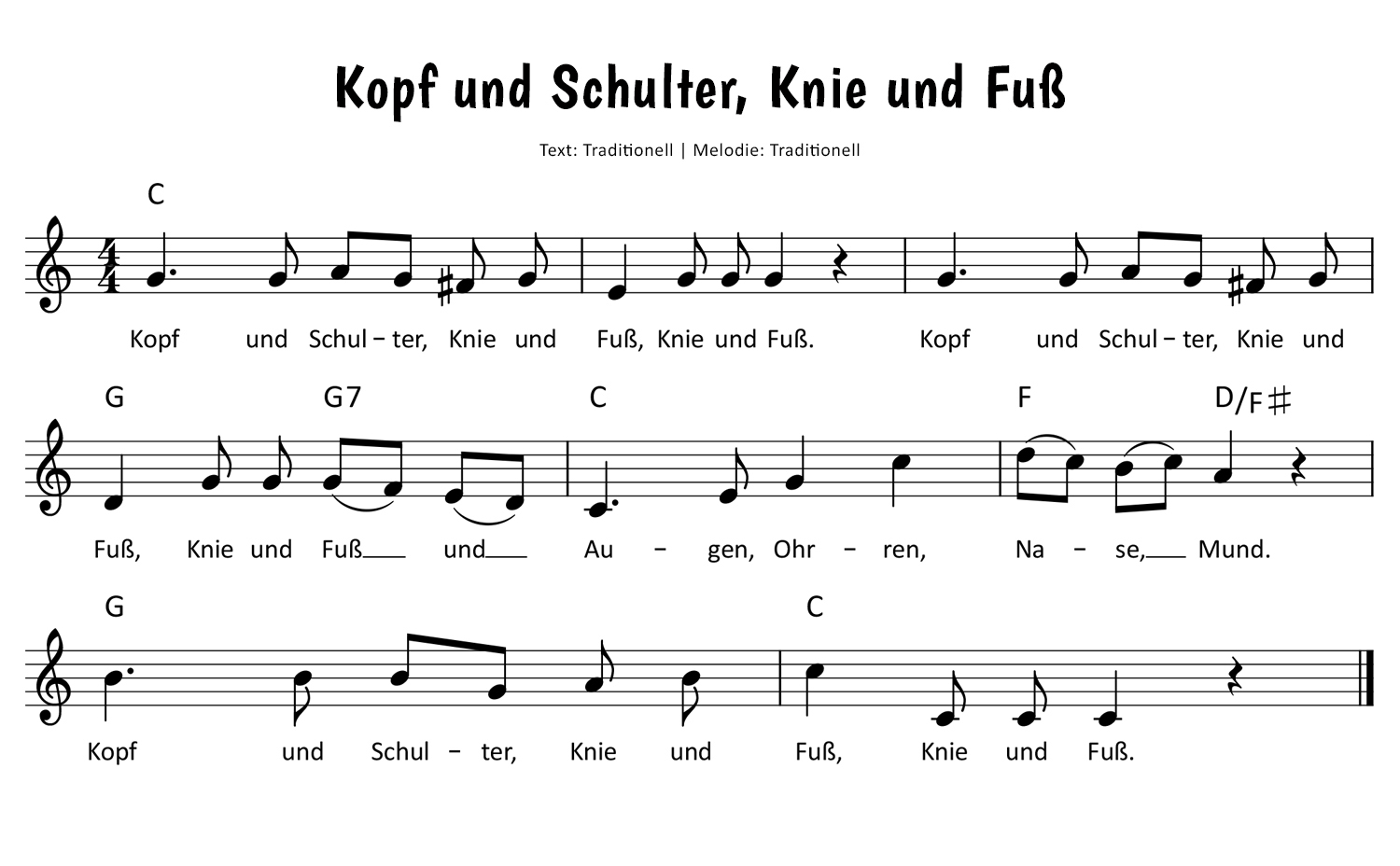 Kopf und Schulter, Knie und Fuß Noten