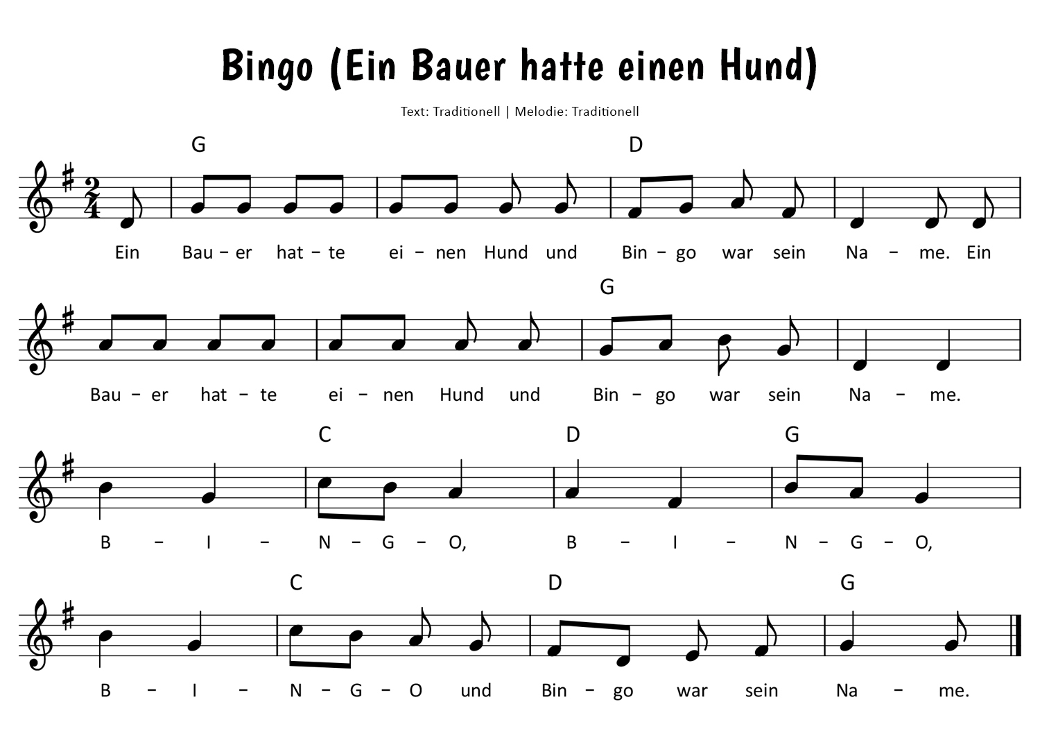 Bingo (Ein Bauer hatte einen Hund) Noten