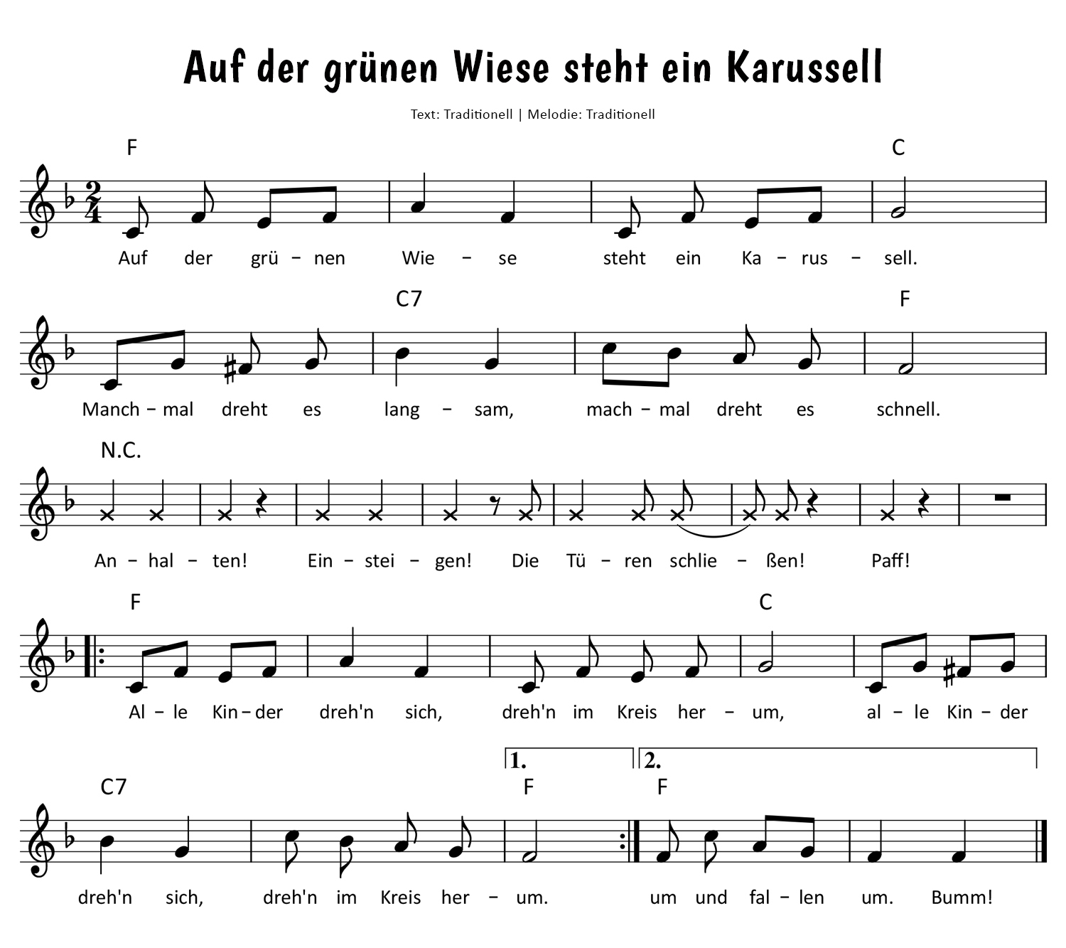 Auf der grünen Wiese steht ein Karussell Noten